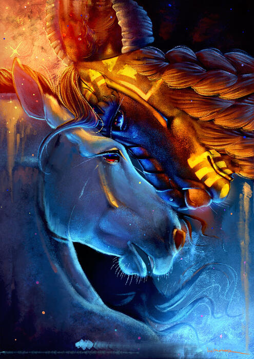 Two fantasy horse busts in space.