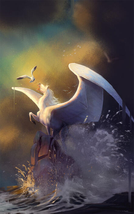 A pegasus tries to eat a seagull - standing proud on a rock and around him stormy waves are hitting the rock.