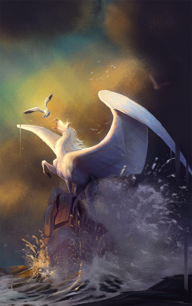 Sea Storm A pegasus tries to eat a seagull - standing proud on a rock and around him stormy waves are hitting the rock.