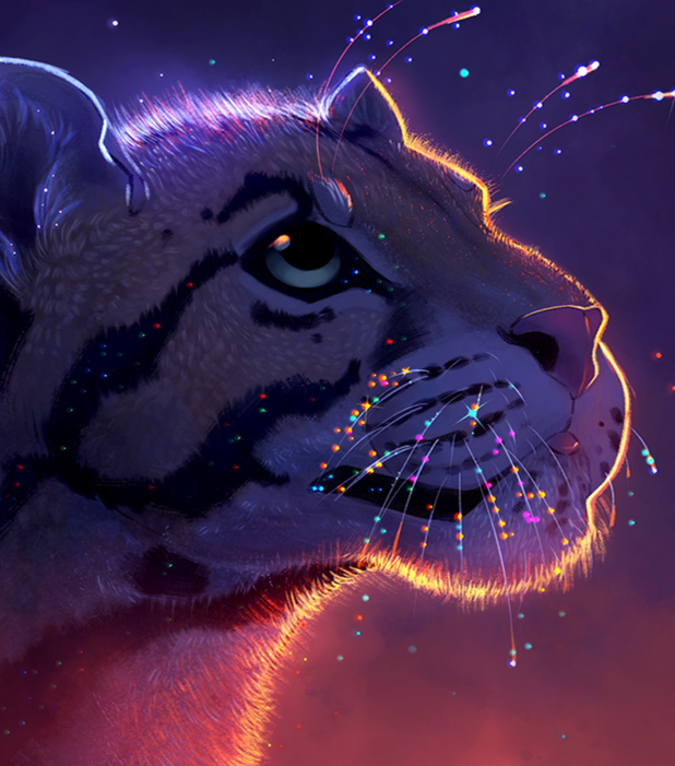 Painted portrait of a clouded leopard in space.