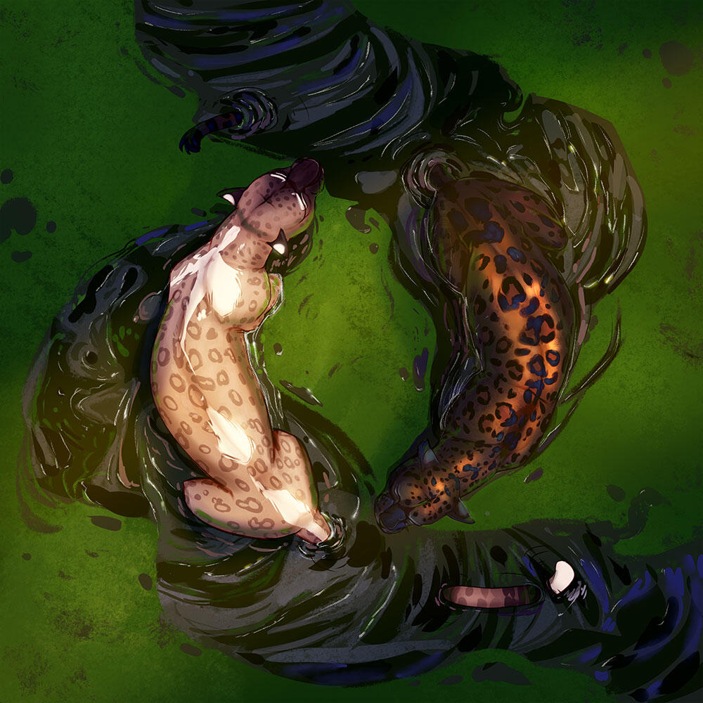Personal illustration of Ivory (piebald leopard) and Jade (black panther). Water spirit and plant spirit together :3